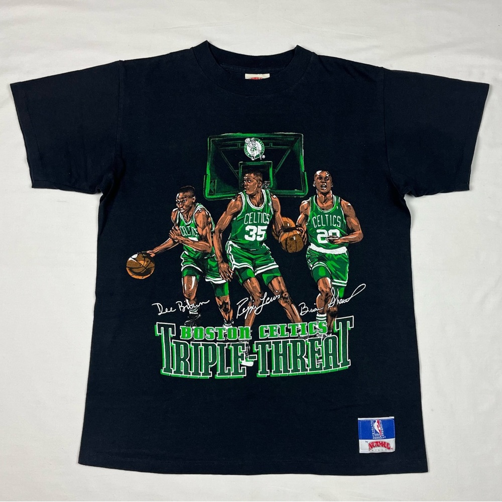 Vtg Nutmeg Boston Celtics Mens Triple Threat Mens T-Shirt Sz Medium 90s Black B3
